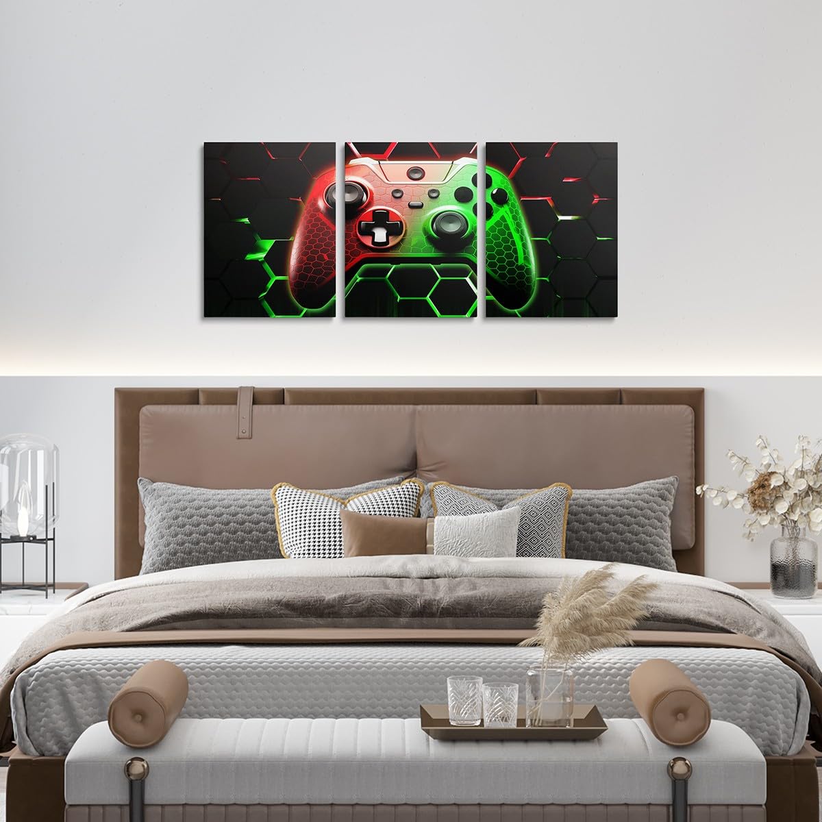 Manfei Lot de 3 toiles murales de jeu vidéo pour salon, chambre à coucher, jeux vidéo - Motif géométrique rouge et vert