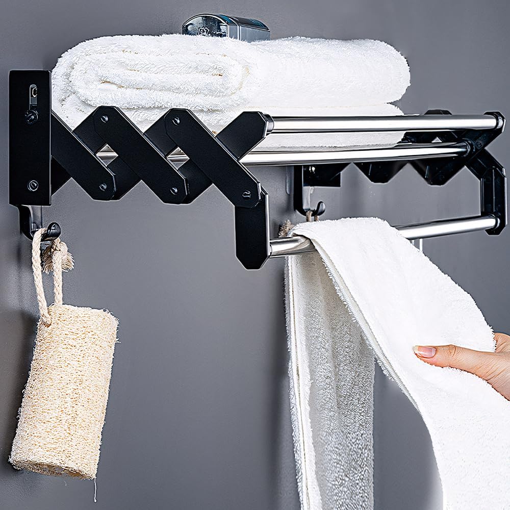 TERRIFI 40cm Retractable Towel Rail - Wall Mounted, Adjustable Stainless Steel Bathroom Towel Holder, Self Adhesive Drying Rack with 2 Hooks for Bathroom, Kitchen, Hotel, Shower