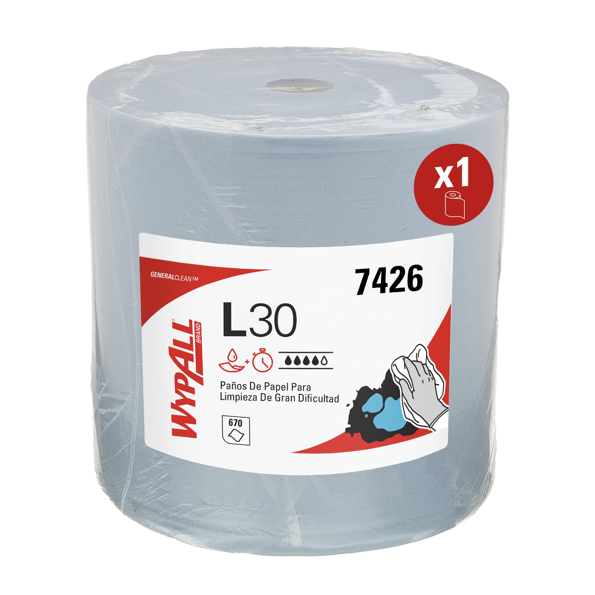 WypAll Rollo de Paños de Limpieza 7426, 3 Capas, Extra Grande y Ultra Absorbente, Paños Industriales Resistentes para Derrames, Aceites y Limpieza de Superficies, 1 Rollo x 670 Hojas