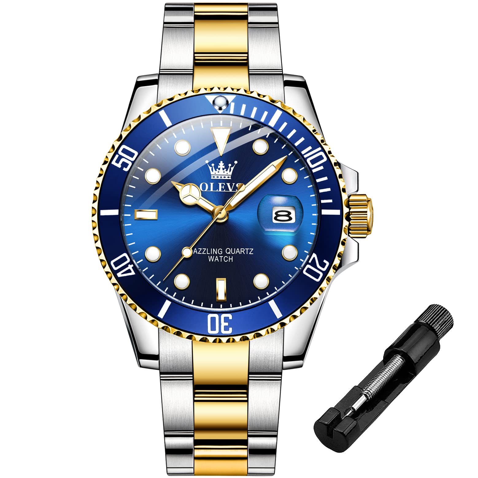 OLEVSMen's Stainless Steel Watch, Easy to Read Gold Silver Two Tone Analog Quartz Wristwatch, Luxury Rotating Bezel Magnified Date Waterproof Luminous Dress Watches for Men, 07-Blue Dial/Two Tone