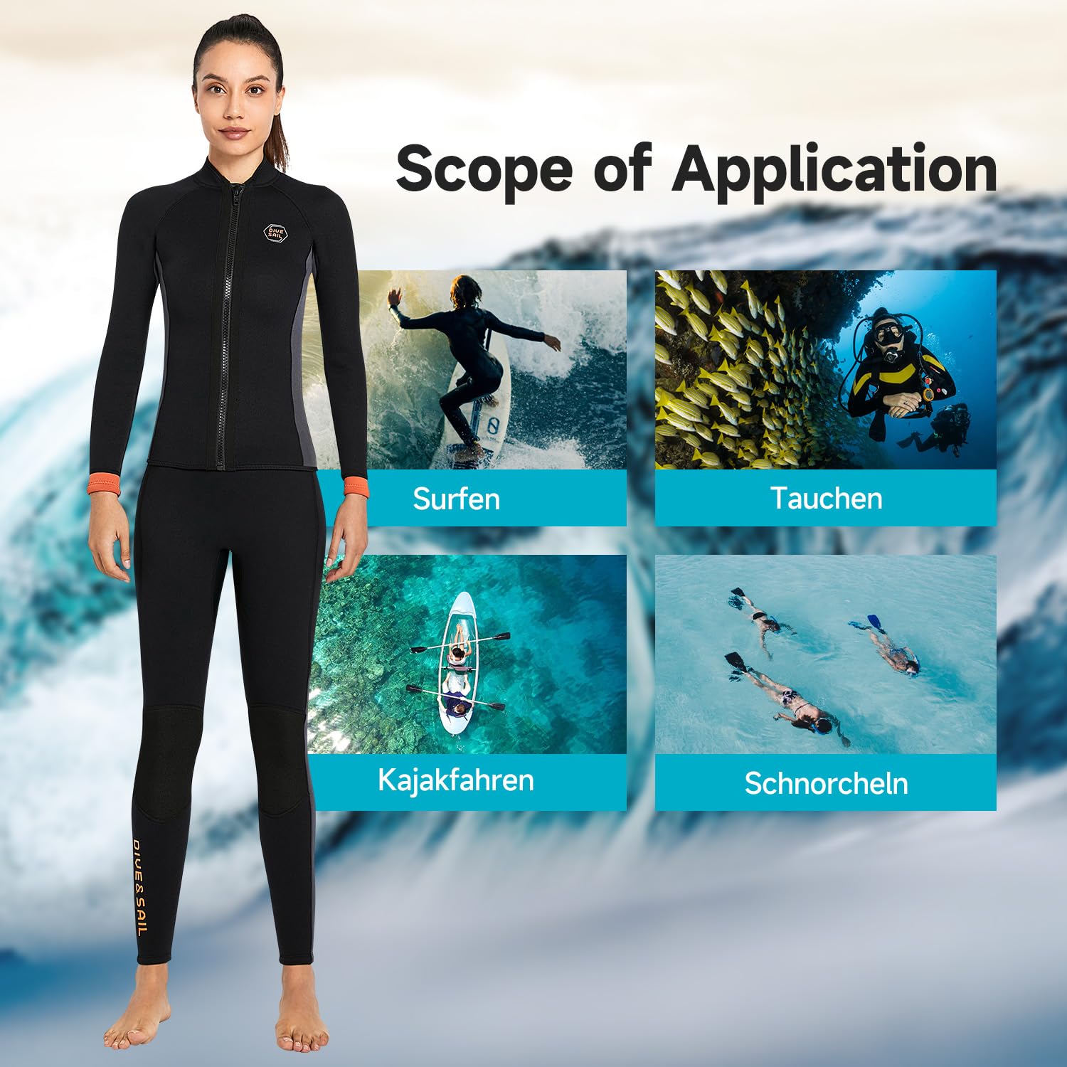Muta in neoprene 3 mm per immersioni surf snorkeling uomo donna maniche lunghe cerniera frontale
