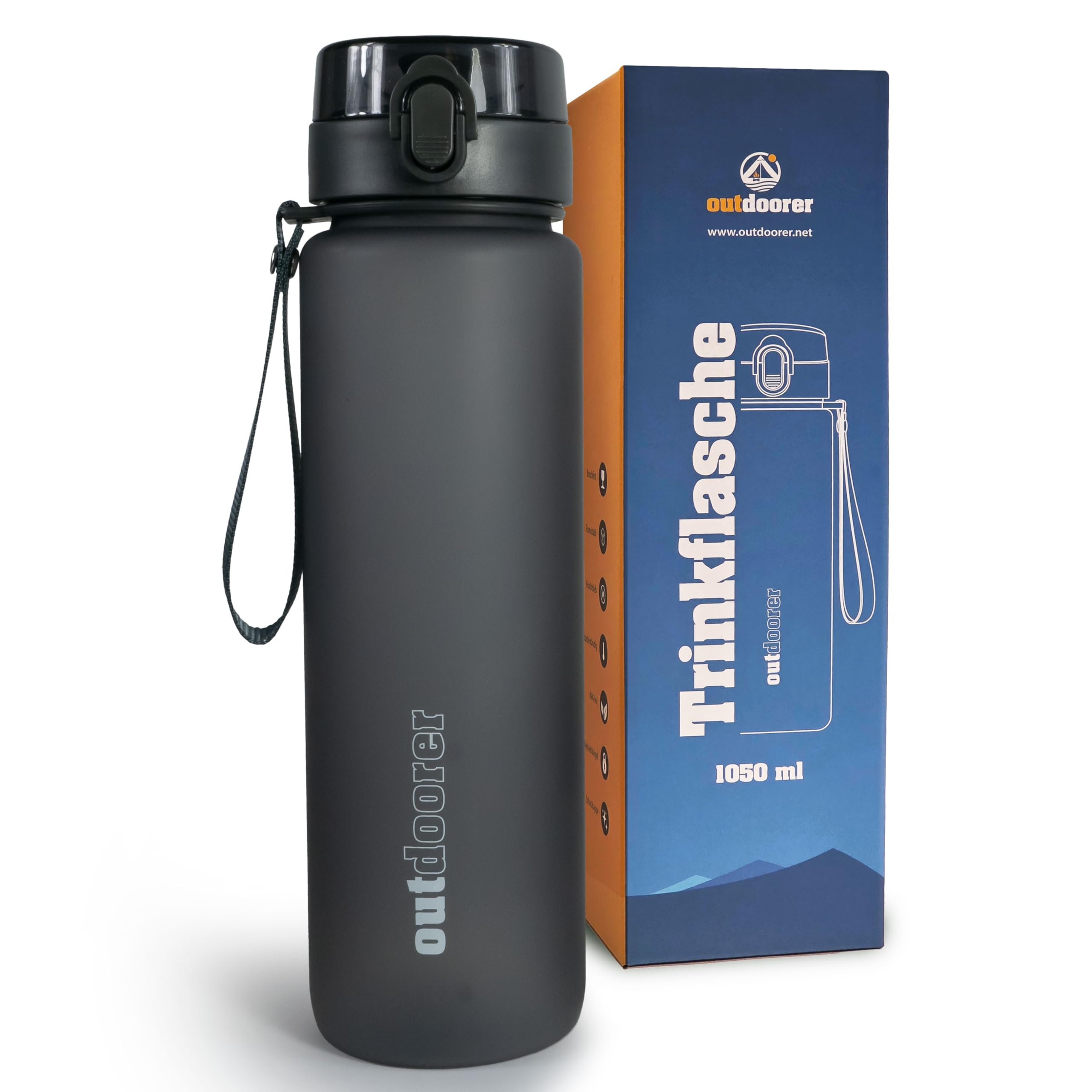 outdoorer Trinkflasche 1 l inklusive Filter - Sportflasche mit 1050 ml Volumen, BPA-frei, auslaufsicher