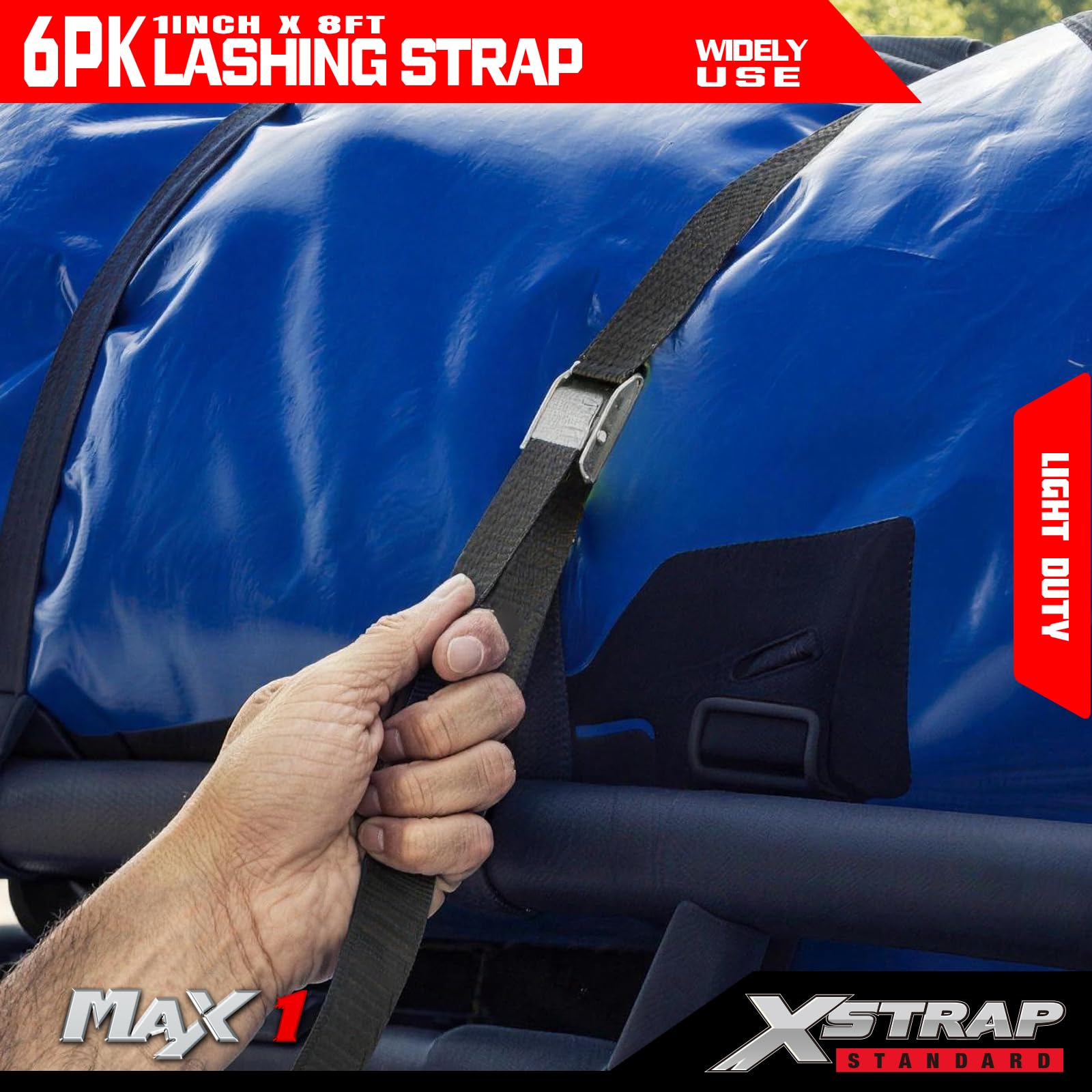 XSTRAP paski z klamrą krzywkową, 200 cm, czarne paski mocujące z torbą do przenoszenia, do zabezpieczania ładunku, bagażu, motocykla, kajaka