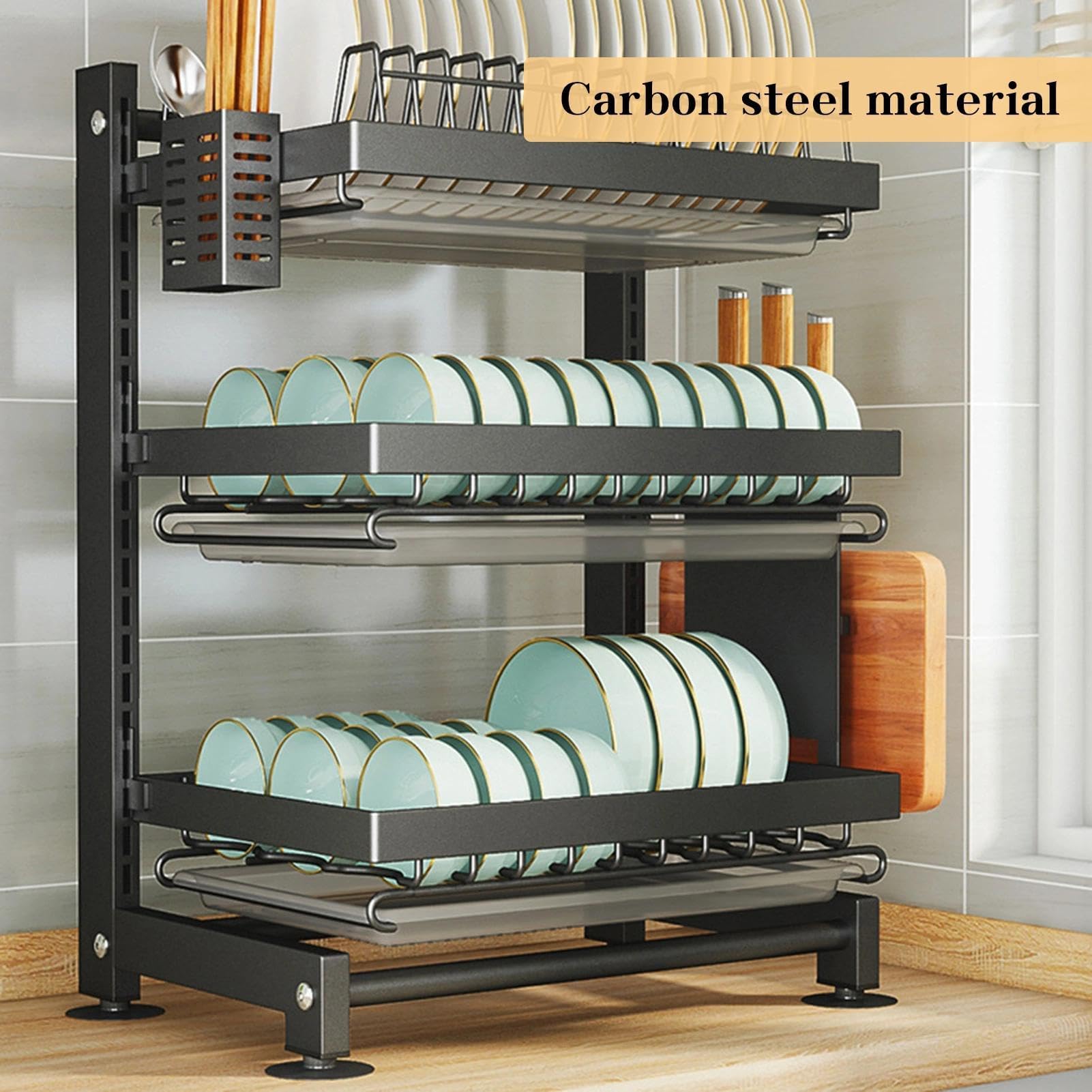 Geschirrabtropfgestell – Multifunktionales, verstellbares und platzsparendes Geschirrabtropfgestell mit Besteckhalter, Abnehmbarer Abtropffläche und rostfreiem Metall(Black,2 Tier)