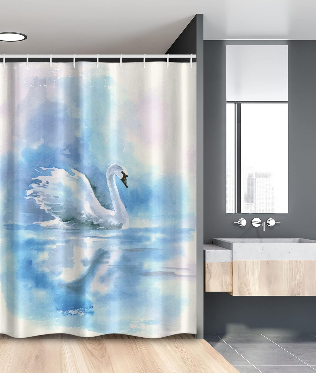 Ambesonne Swan Stall Shower Curtain, Watercolor Drawing Picture of Swan in The River Color Aqua Concept Picture Print, Fabric Bathroom Decor Set with Hooks, 54" W x 78" L, Blue White