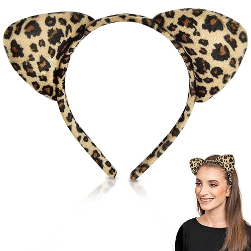 jayuwe Leopard Ear Headband, Fuzzy Animal Headband for Women Adults, Cute Leopard Halloween Ears Costume Accessories for Halloween Christmas Cosplay Costume Party Favors Supplies
