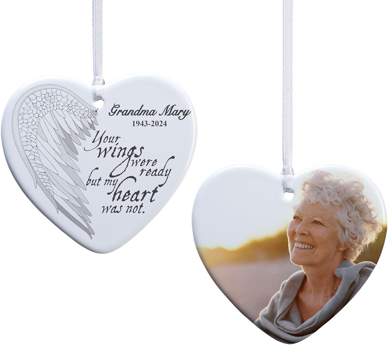 Personalization Universe Your Wings Personalized Memorial Heart Ornament - Christmas Tree Ornaments - Custom Memorial Gifts for Loss of Mom/Dad - Angel Wing Design - 100% Ceramic 3.25" x3