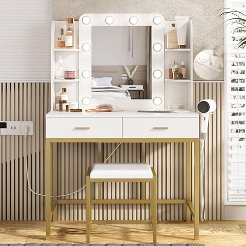 Miniatura 16 de Vabches Escritorio de tocador con espejo y luces, mesa de tocador de maquillaje con estación de carga, juego de tocador con 2 cajones y mucho