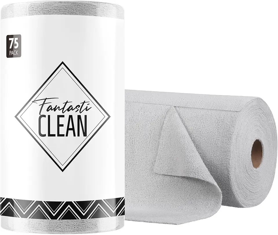 Fantasticlean Microfiber Cleaning Cloth Roll -75 Pack, Tear Away Microfiber Towels, 12" x 12", Reusable, Washable, Scratch Free, Ultra Absorbent Dish Rags for Car, Home, Garage or Shop (Grey