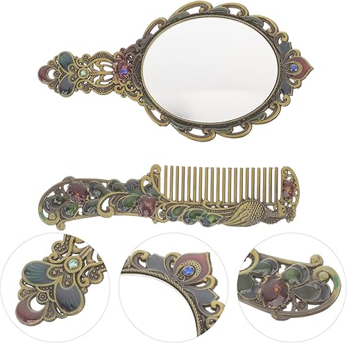 Miniatura 4 de Beaupretty Juego de peine de espejo antiguo, 1 juego de espejo de maquillaje de mano de metal vintage con un peine en relieve, pavo real a mano,