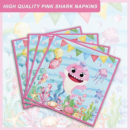 Miniatura 4 de 120 piezas de suministros de fiesta de tiburón rosa, juego de vajilla desechable de acuarela bajo el mar para niños y niñas, fiesta de primer y 2