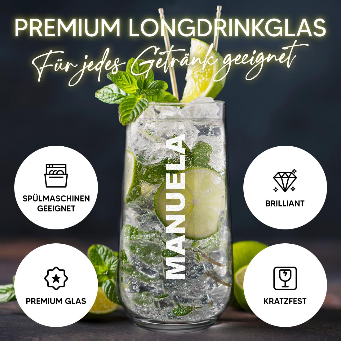 polar-effekt Longdrink Gläser 470 6er Set mit personalisierter Gravur - spülmaschinenfeste Trinkgläser - für Drinks, Wasser und Säfte - das Geburtstagsgeschenk