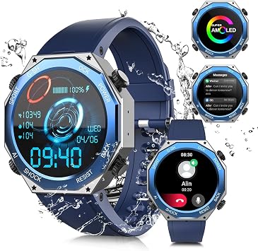 Rogbid Military Smart Watch for Men Answer/Make Call 1.45" AMOLED 680mAH IP69 Waterproof Smartwatch for iOS Android Phones Fitness Tracker Watch Heart Rate Blood Pressure Sleep Monitoring Blue