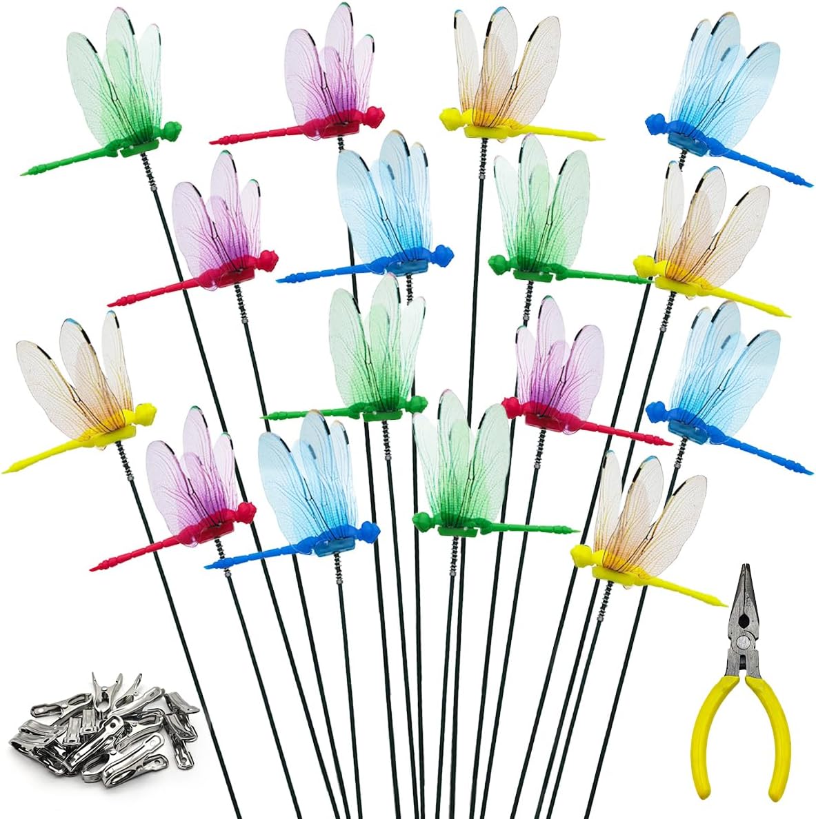 Dragonfly Clip 16 Pcs, Decorative Dragonfly Garden Stakes with Clips, Ideal for Garden & Patio Enhancement