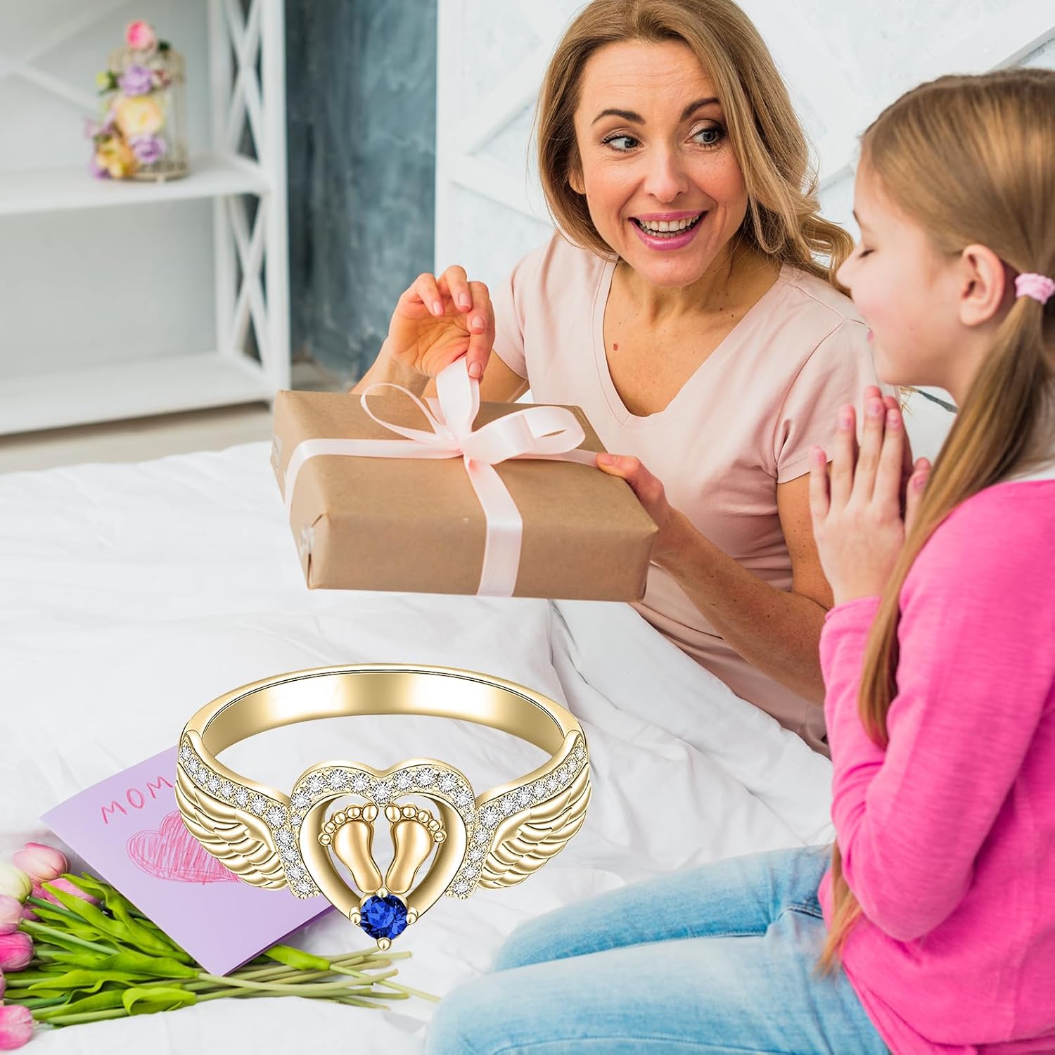 Personalized 10K/14K/18K Solid Gold Mom Ring for Women Wife Grandma Mother Ring with Birthstone Angel Wing Ring Engraved Jewelry for Birthday Christmas Mother's Day