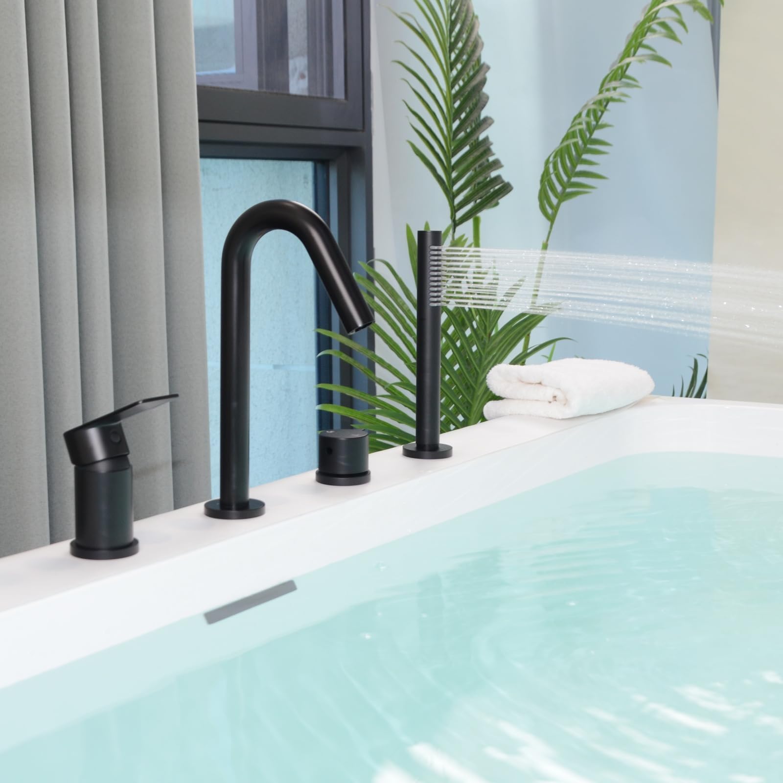 Grifo Bañera 4 Agujeros, Baño Ducha Mezclador con Ducha de Mano, 4 Orificios Grifo de Bañera con Giratorio de 360°, Para Borde de Bañera, Negro, 20Y3OK