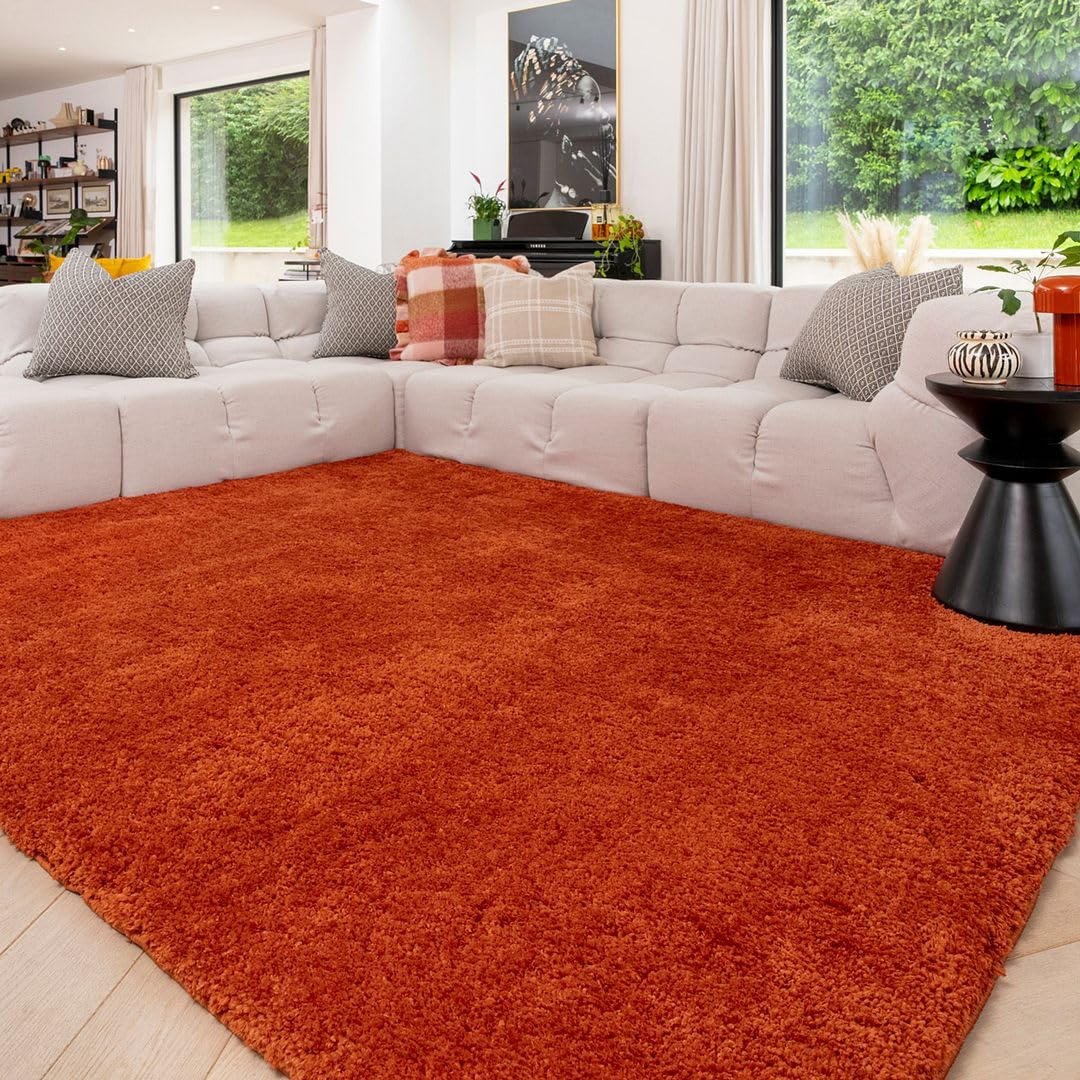 Rust Orange Machine Washable Warm Insulating Soft Cosy Touch Plush Thick Shaggy Rug for Bedroom Livingroom Hallway 200cm x 290cm (6ft 7" x 9ft 6")