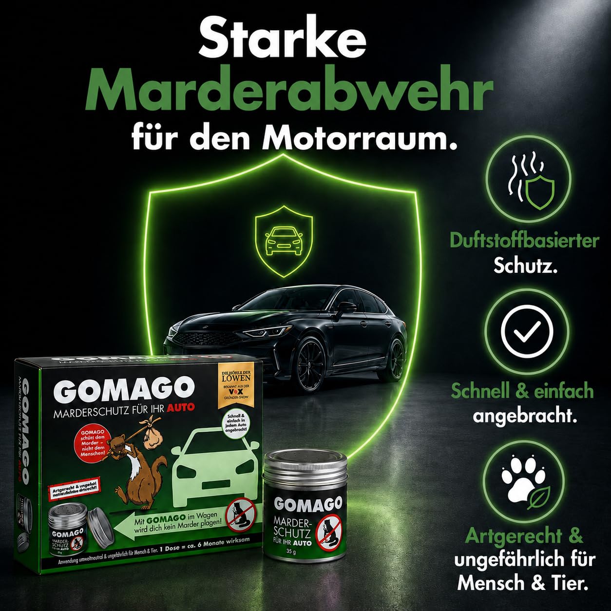 GOMAGO Marderschutz Auto Vorteils-/Doppelpack | Duftstoffbasierte Marderabwehr für den Motorraum | Starke Alternative zu Marderschreck, Marderspray & Ultraschall | ca. 6 Monate wirksam
