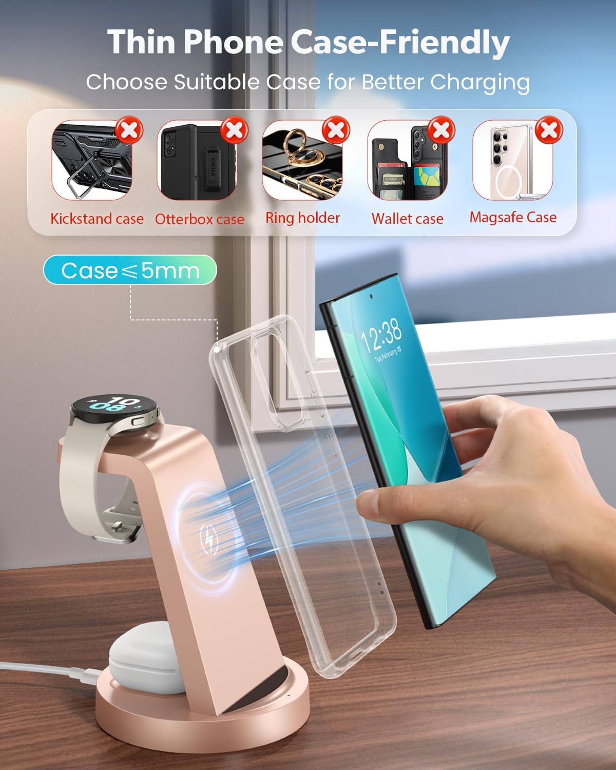 Wireless Charger for Samsung: 3 in 1 Wireless Charging Station for Samsung Galaxy Watch 8 7 6 5 4 3 Pro Classic Galaxy Buds - Rose Gold