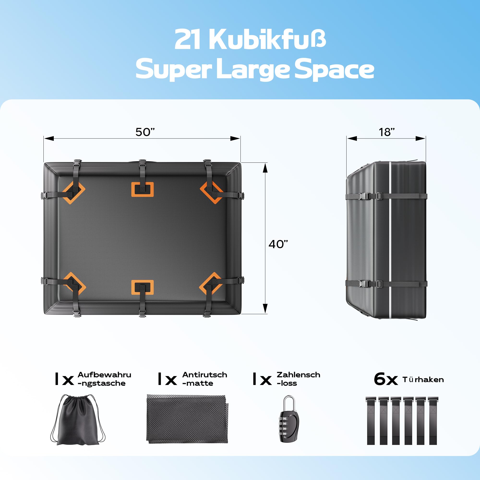 Dachtasche Auto, 21CFT wasserdichte PVC-Dachbox, Passend Für Alle Fahrzeuge Mit Oder Ohne Dachgepäckträger,Inklusive Rutschfester Unterlage, Verstärkten Gurten, 6 Türhaken und Gepäckschloss.