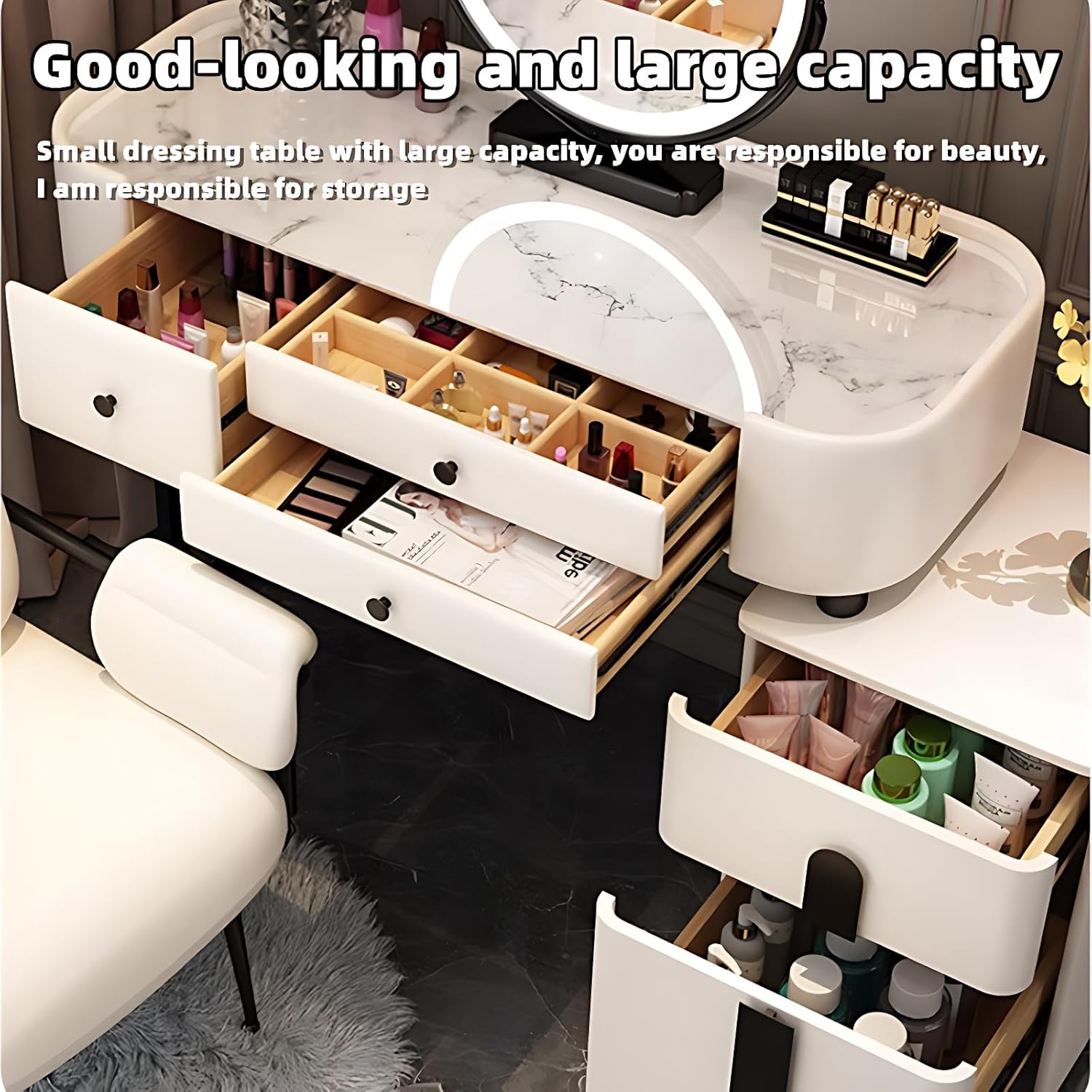 Stylish Makeup Vanity Desk with Mirror and Lights, Solid Wood Chair, Storage Drawers, Easy Installation (White+Black, 39.4”)