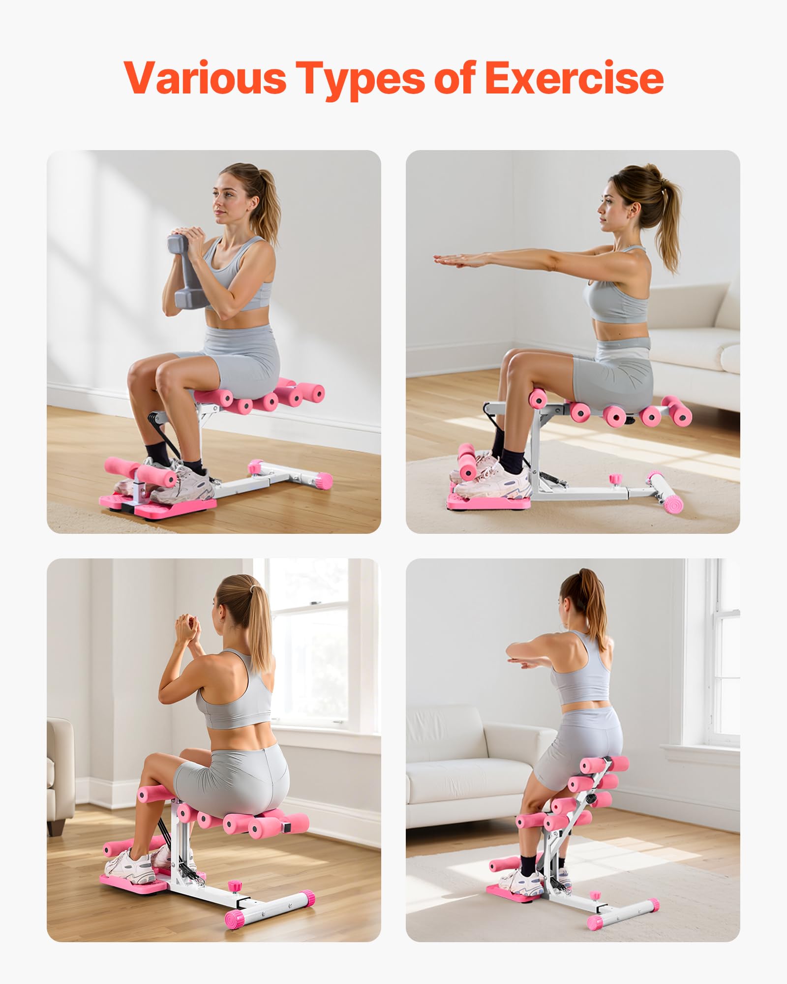 VEVOR Máquina de Sentadillas Profundas Ajustable, con 3 Bandas de Resistencia, Entrenador de Core y Glúteos Plegable, para Gimnasio en Casa, Rosa y Blanco, Carga de 136 kg, 800 x 400 x 760 mm