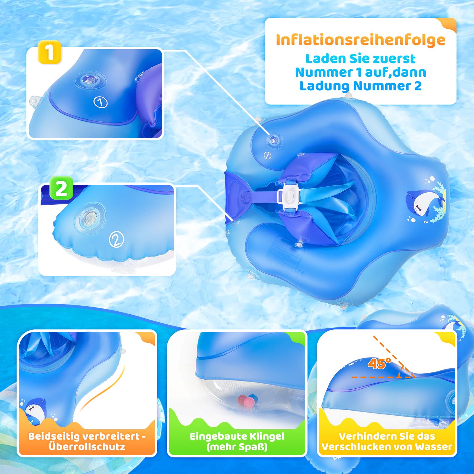 Boa di nuoto per neonati con baldacchino solare UPF50+, galleggiante per neonati Parner, aiuto per il nuoto per bambini da 3 a 36 mesi