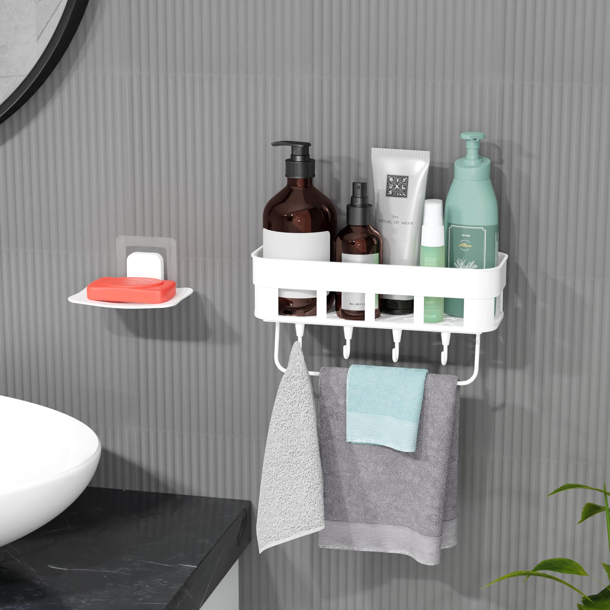 QARB Bathroom Organiser Shelf for Wall Mounted Accessories,Plastic Bathroom Self Adhesive Shelves Without Drilling with Hanging Shelves ((1 Bathroom Shelves + 1 soap Dish + 1 Towel Rack with 4 Hook)) (B0CD7MZR4D) Amazon Price History, Amazon Price Tracker