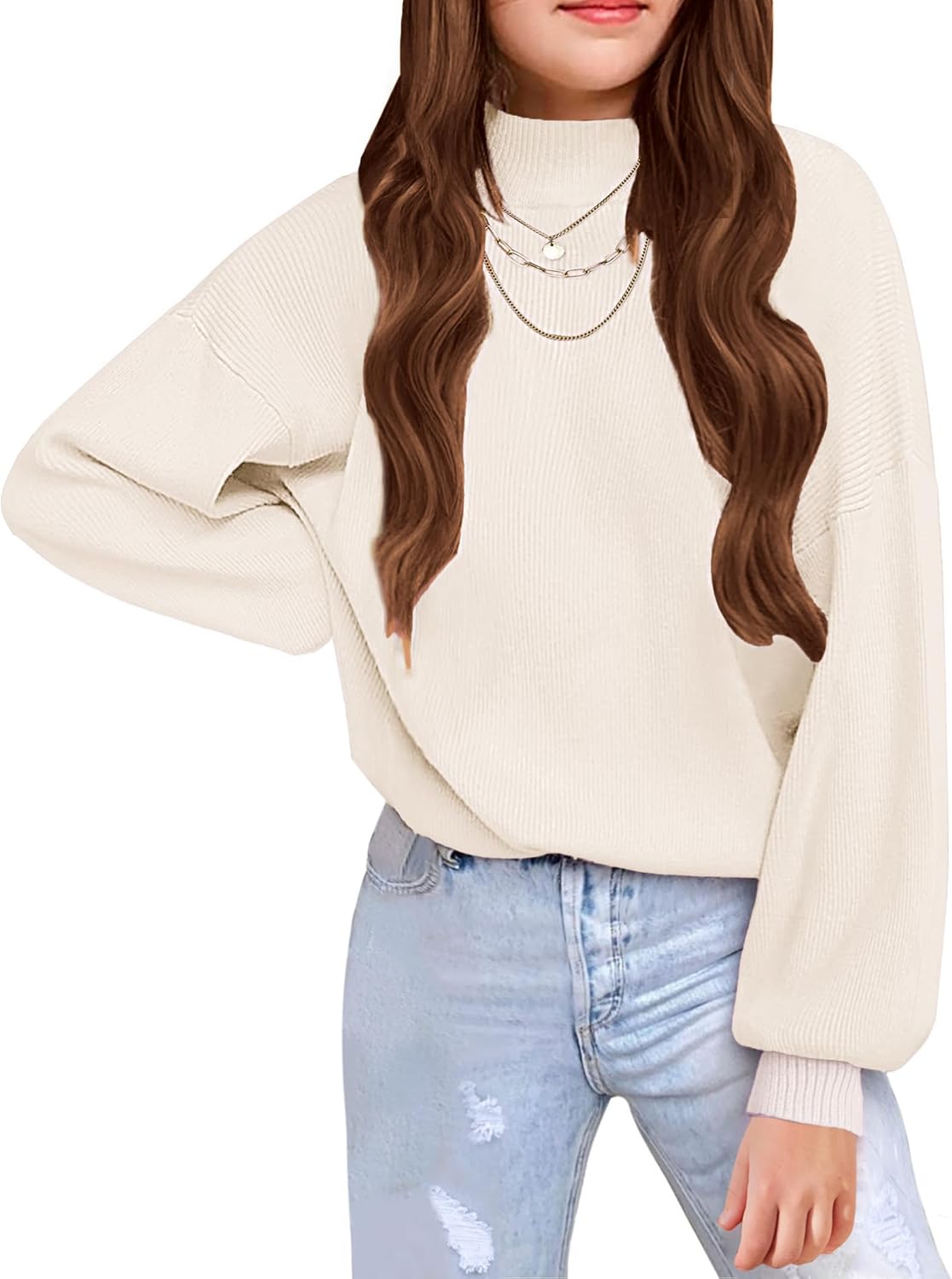 Arshiner Girls Sweater Mock Neck Pullover Casual Latern Sleeve Knit Jumper Tops