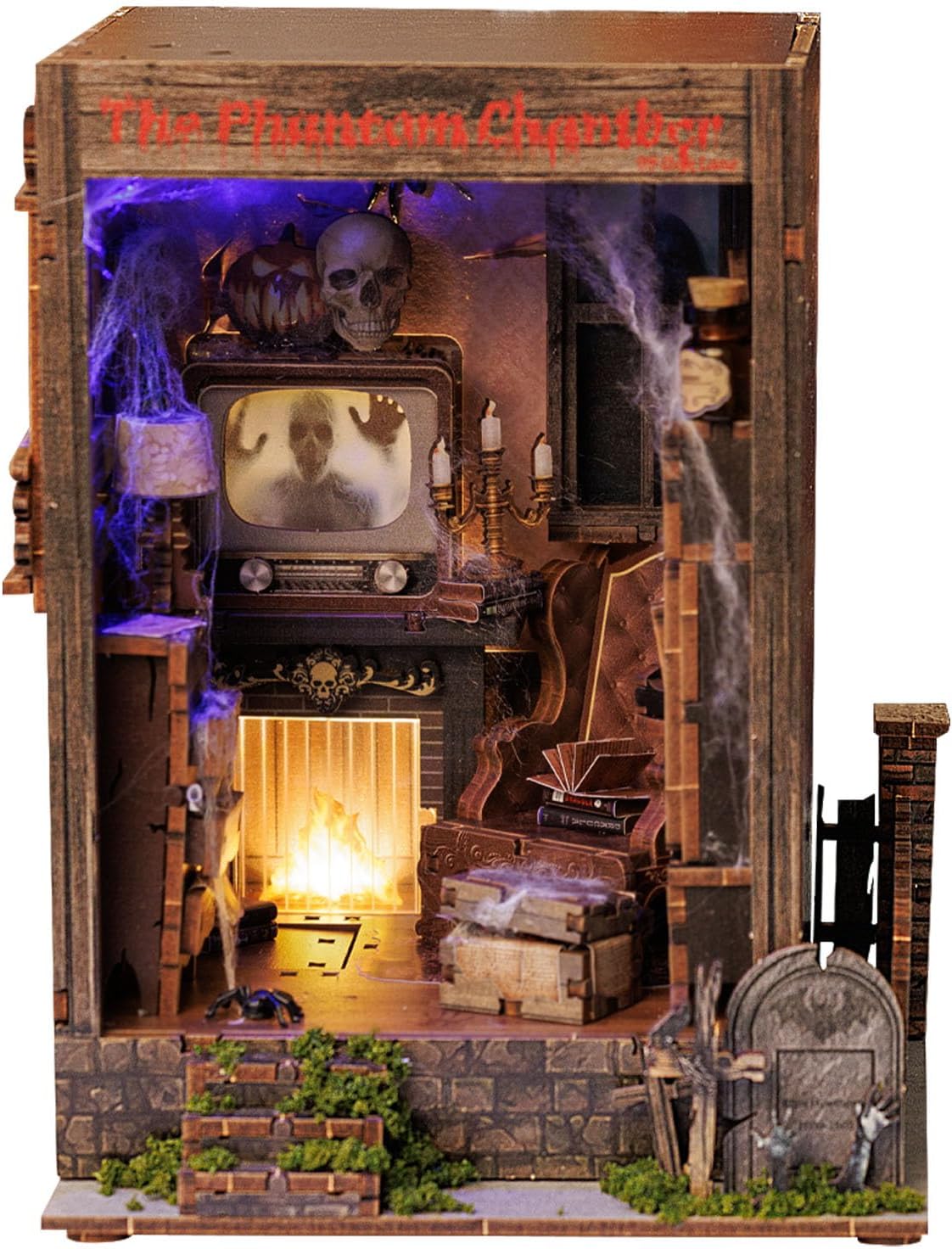 Book Nook Kit,DIY 3D Wooden Miniature Dollhouse Kit Gifts for Adults,The Phantom Chamber Haunted House Booknook with LED Light