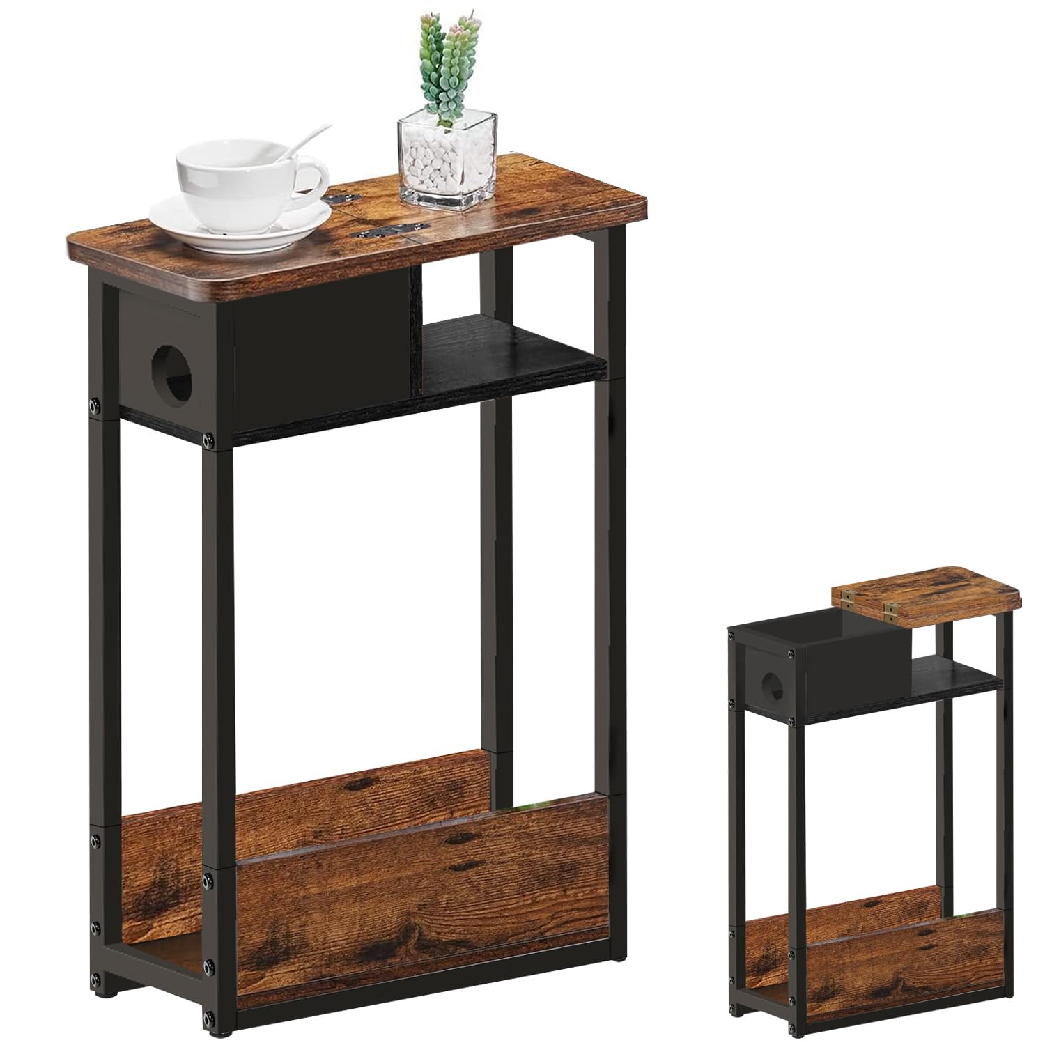 OYE End Table with Socket Storage Rack, Slim Side Table Modern Sofa Desk for Narrow Spaces with Magazine Rack Space Saving 62.5 x 46 x 18 CM