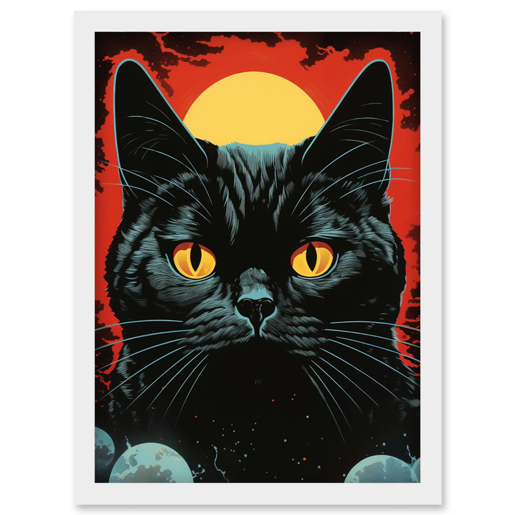 Artery8 In the Shadow of the Celestial Black Cat Vintage Pulp Art Sci-Fi Cover Artwork Red Yellow Blue Solar Eclipse Artwork Framed Wall Art Print A4