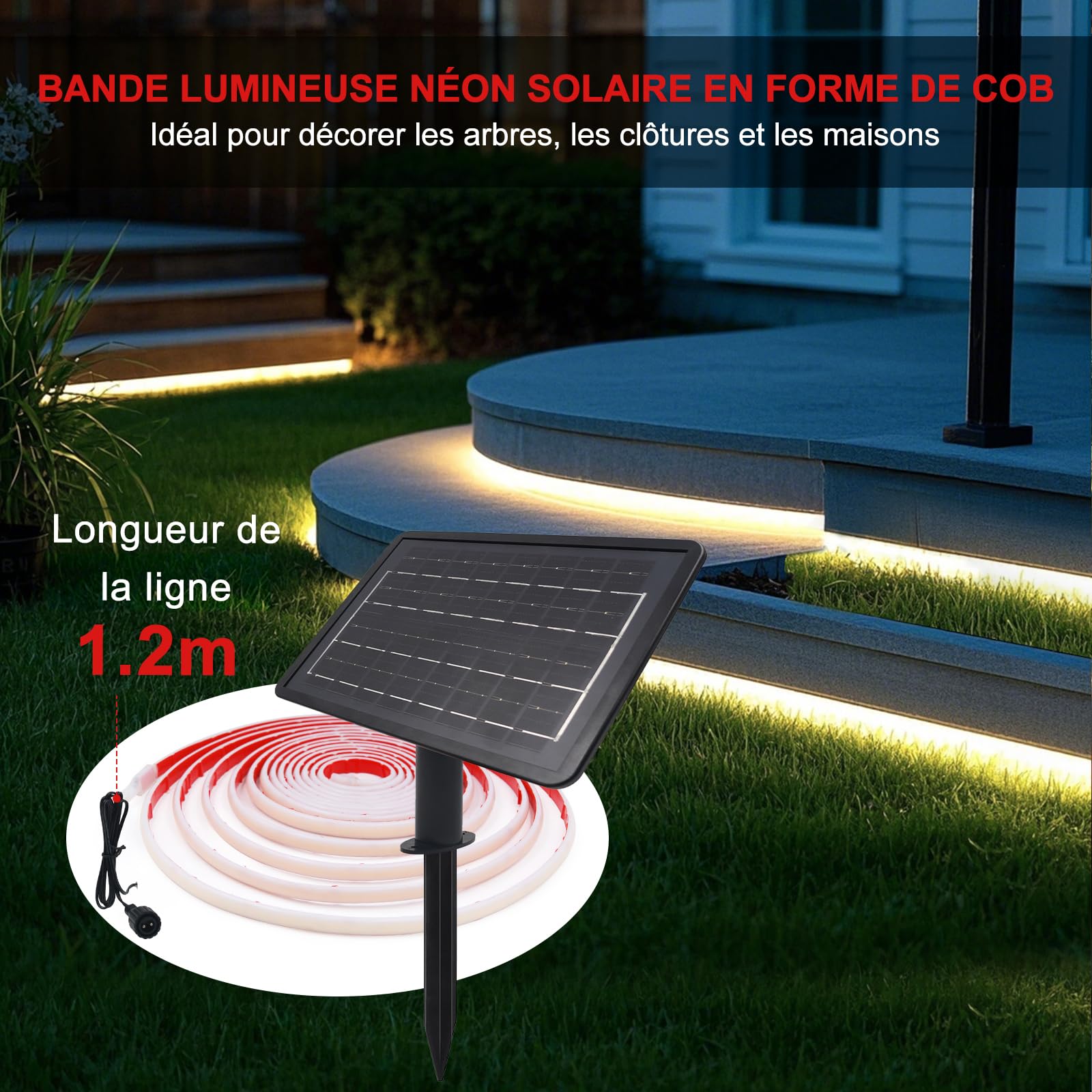 Bandes Led Solaires 24V Pour Extérieur, Haute Luminosité Néon Avec 320 Led/m, 8 Modes, Étanche, Batterie 7200mah, Parfait Pour Jardin, Cour Et Balcon (Chaud, 10M)