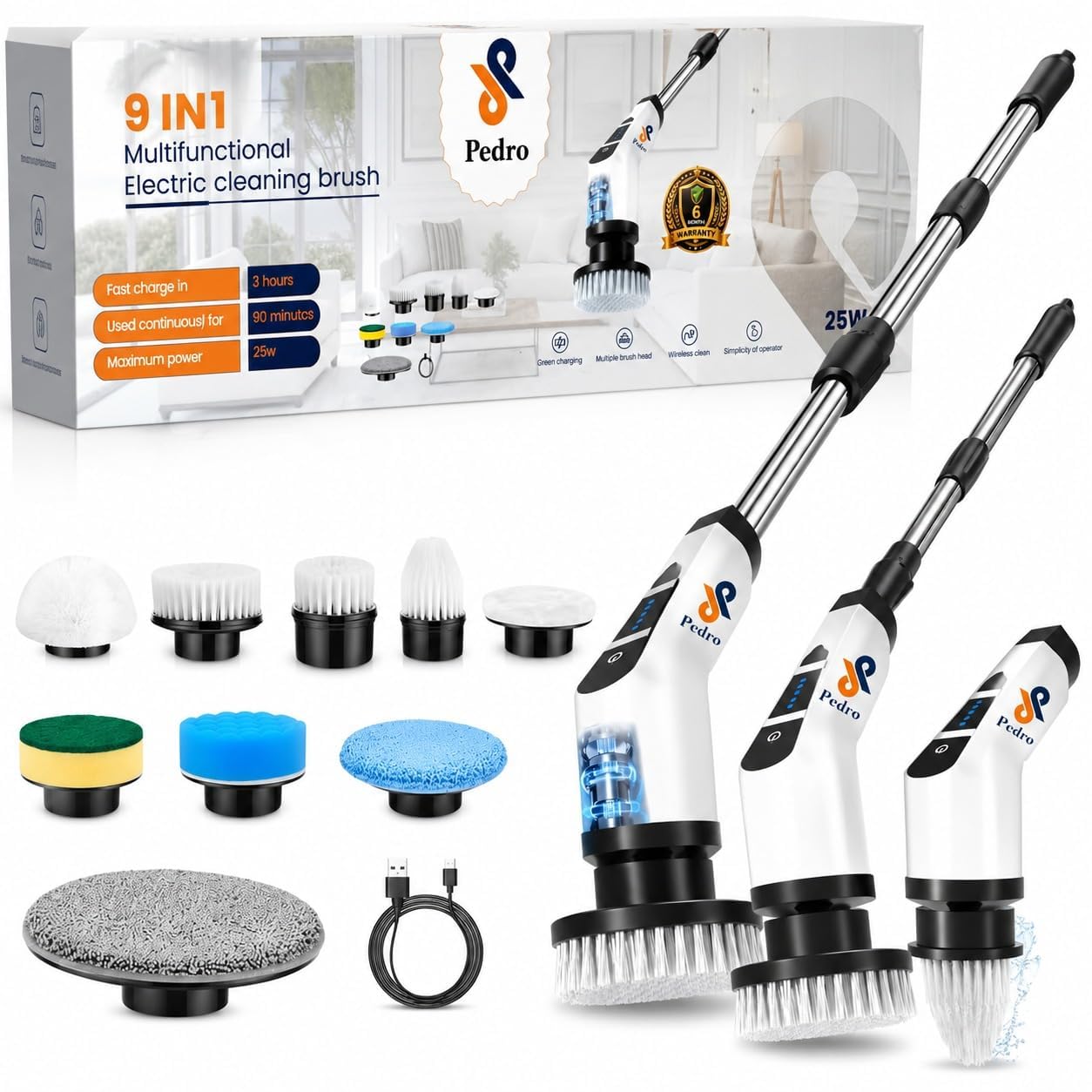 PEDRO 9 in 1 Head Cordless Electric Cleaning Brush | Rechargeable Power Scrubber with Extendable Handle | Multi Surface Cleaner for Home, Car, Bathroom, Tiles, Kitchen, Floor (6 Months Warranty)-image-38