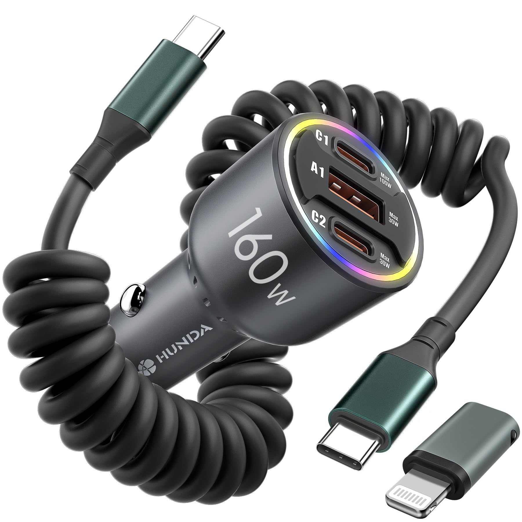 160W USB C Car Charger Fast Charging,HUNDA USB Car Cigarette Lighter Splitter with 3 Ports PD 100W&PD 30W Fast Charge Car Charger for iPhone 15/15 pro/15 Pro Max,Galaxy s24/s23/s22 ect