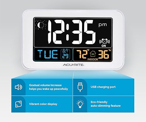 Miniatura 3 de AcuRite 13040 intelli-time reloj despertador con cargador USB, temperatura interior y humedad.