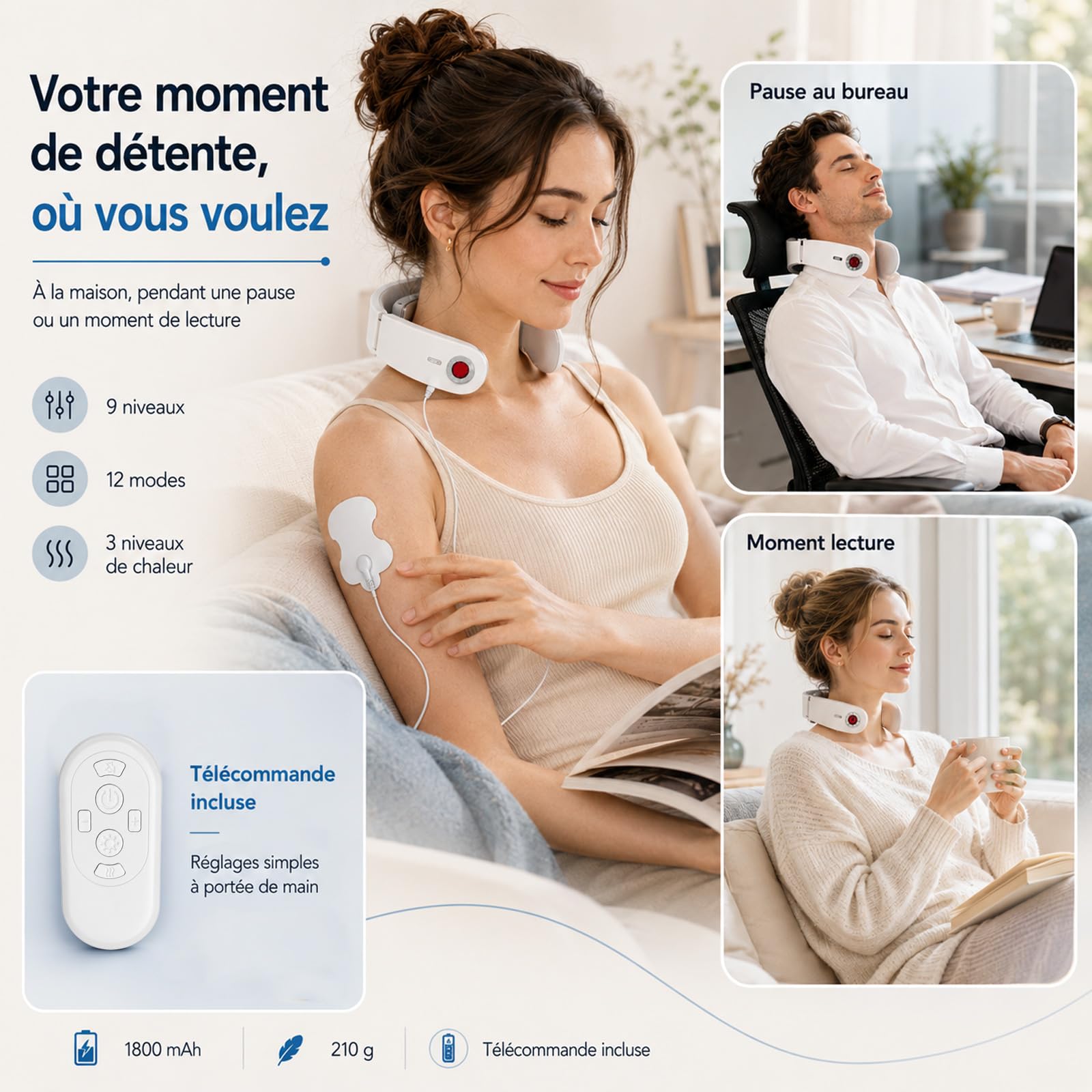 Masseur cervical 1800mAh 8 têtes de massage Conception ergonomique Massage multimodal Détendre les muscles du cou Blanc