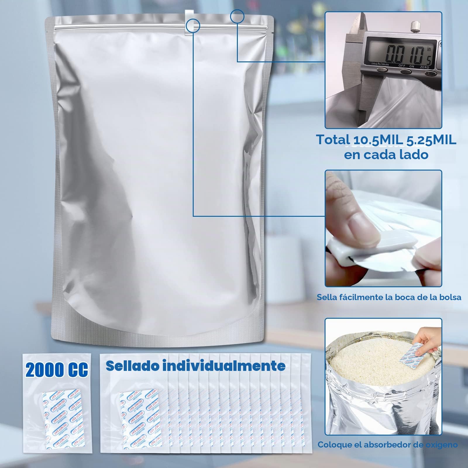 Paquete de 15 bolsas de mylar de 5 galones con absorbentes de oxígeno, bolsas de mylar de 10.5 milímetros para almacenamiento de alimentos con 15 absorbentes de oxígeno sellados individuales de 2500