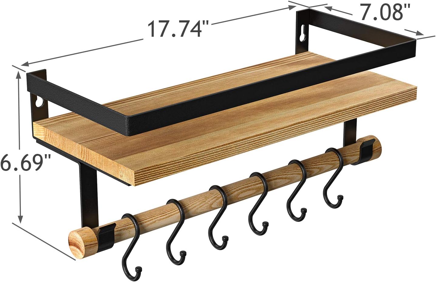 Floating Shelf with Removable Towel Bar and 6 Hooks, Rustic Wood Wall Mounted Storage Shelf, Coffee Bar Decor, for Bathroom, Kitchen,Living Room, Bedroom by AMADA HOMEFURNISHING AMFS09
