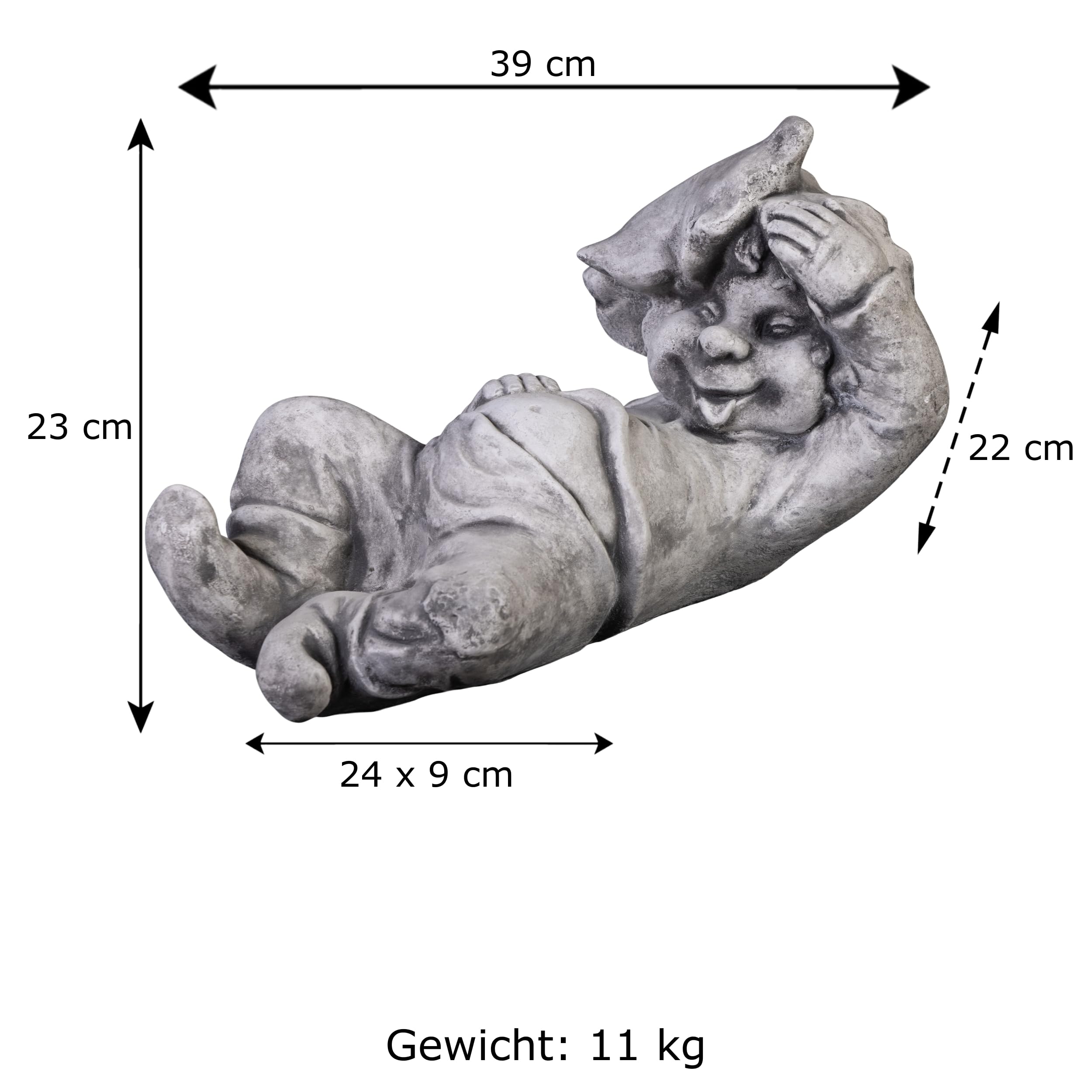 gartendekoparadies.de Gnom Faulpelz, Steinfigur Wichtel, H. 26 cm, 11 kg, Grau, frostsicher aus Steinguss für Außenbereich