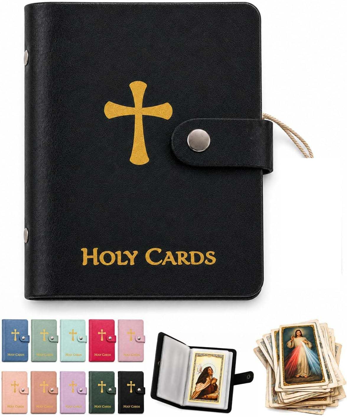Catholic Faux Leather Holy Card Holder – Pocket Prayer Card Organizer with Snap Closure,Carrying Each Case Bag Religious Closet Essentials Lord God Almighty Hold to 40 Cards for Funeral (J)