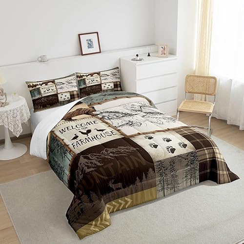 Miniatura 5 de Juego de edredón rústico de oso tamaño Queen, edredón de cabaña de lago para niños, niñas y jóvenes, edredón alternativo de plumón de pinos de