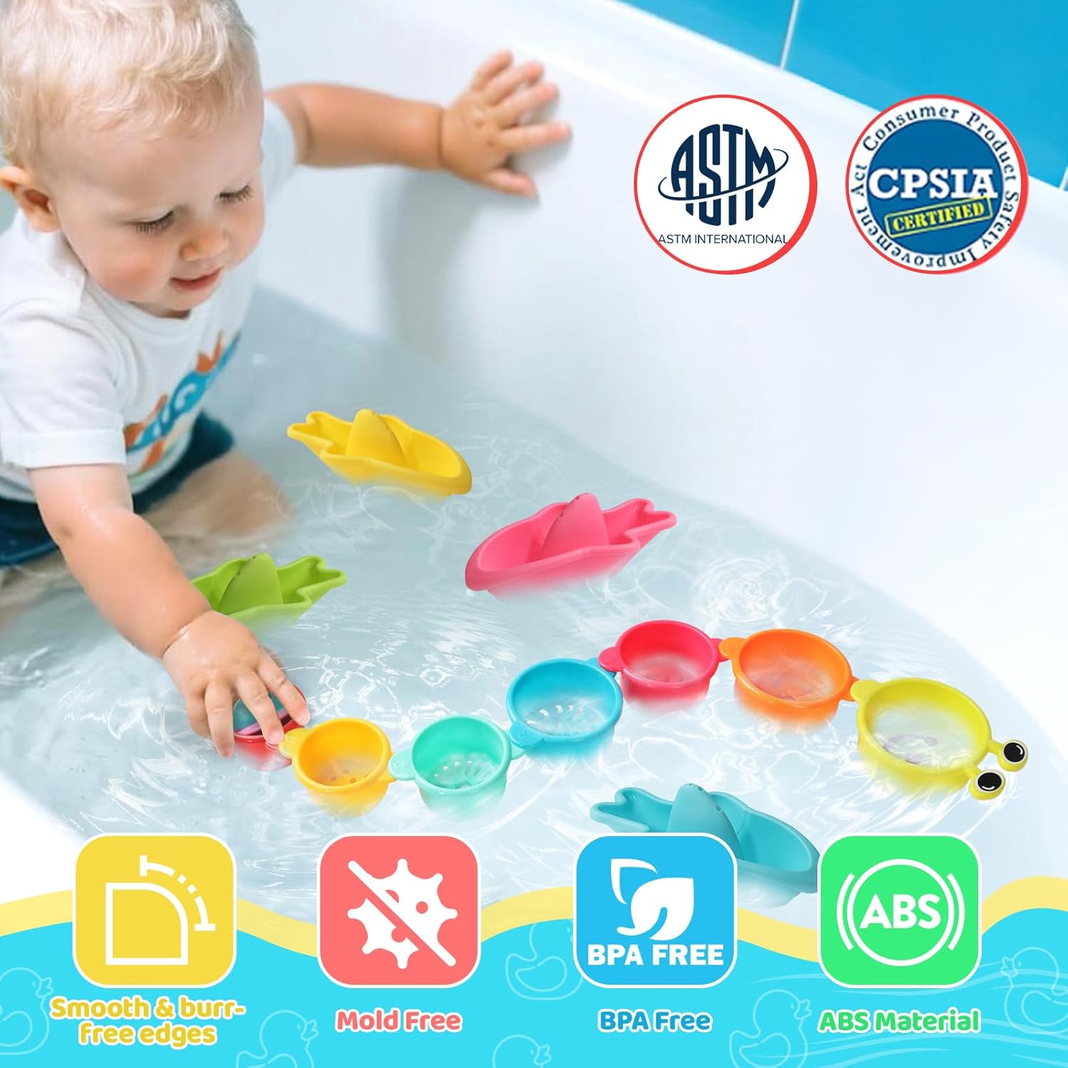 11 PCS Toddlers Bath Toys for Kids Ages 1-3, Baby Shower Toys Mold Free Bathtub Toys for 12-18 Months, Pool Water Table Beach Sand Toys Stacking Cups for Kids 2-4, Gifts for Boys and Girls image 2 of 8 B0FD9Q6MW1