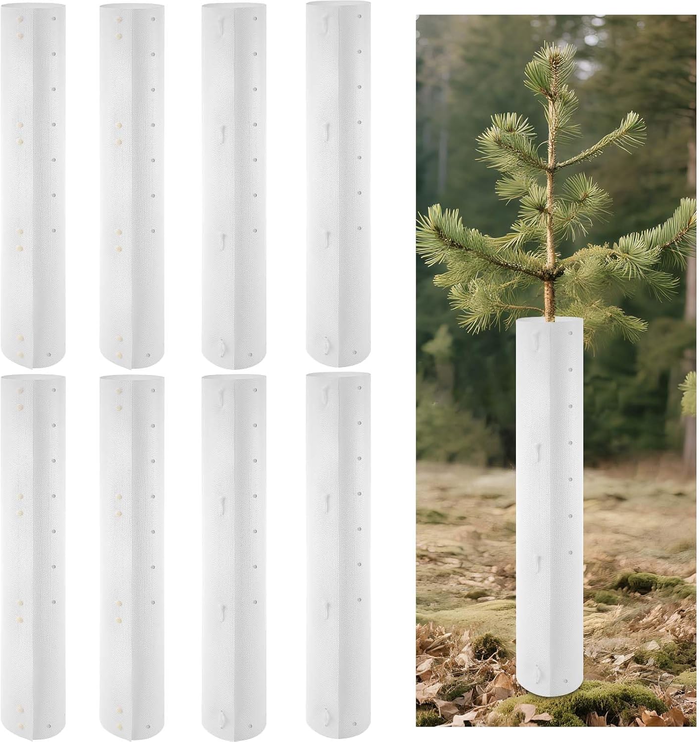 8 Pack Tree Tubes Tree Protectors with Releasable Zip Ties – Tree Trunk Protector Guard, Anti-Insect Diamond Texture, Connectable Panels for Saplings, Orchard & Garden Use (30in)