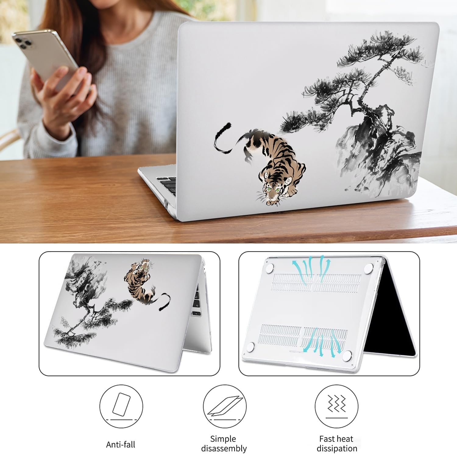 Compatible with MacBook Air 13.6 inch Case 2022-2026 Release A2681 M2 A3113 M3 A3240 M4 A3449 M5 Hard Plastic Shell Cover w/Mac OS Keyboard Sticker & Keyboard Cover (Ink Tiger)