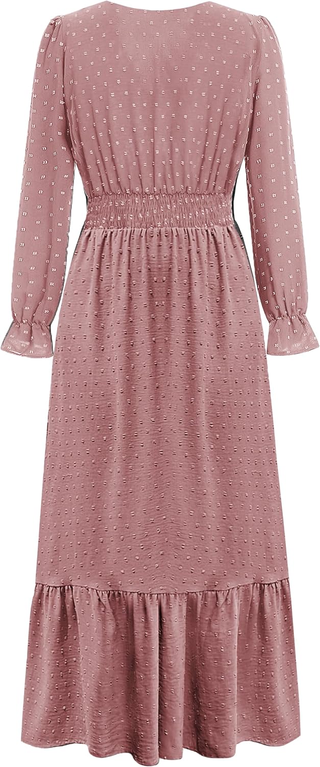 CzzzyL Women Nursing Boho Maxi Dress 2024 V Neck Swiss Dot Smocked High Waisted A-Line Ruffle Tiered Long Dress with Pockets