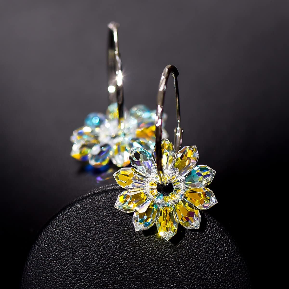 925 Sterling Silver Handmade Boho Hoop Earrings with Dazzling Iridescent Daisy Flowers, Crafted with Aurora Borealis Austrian Crystals, Jewelry for Women, 1.17” Hoop