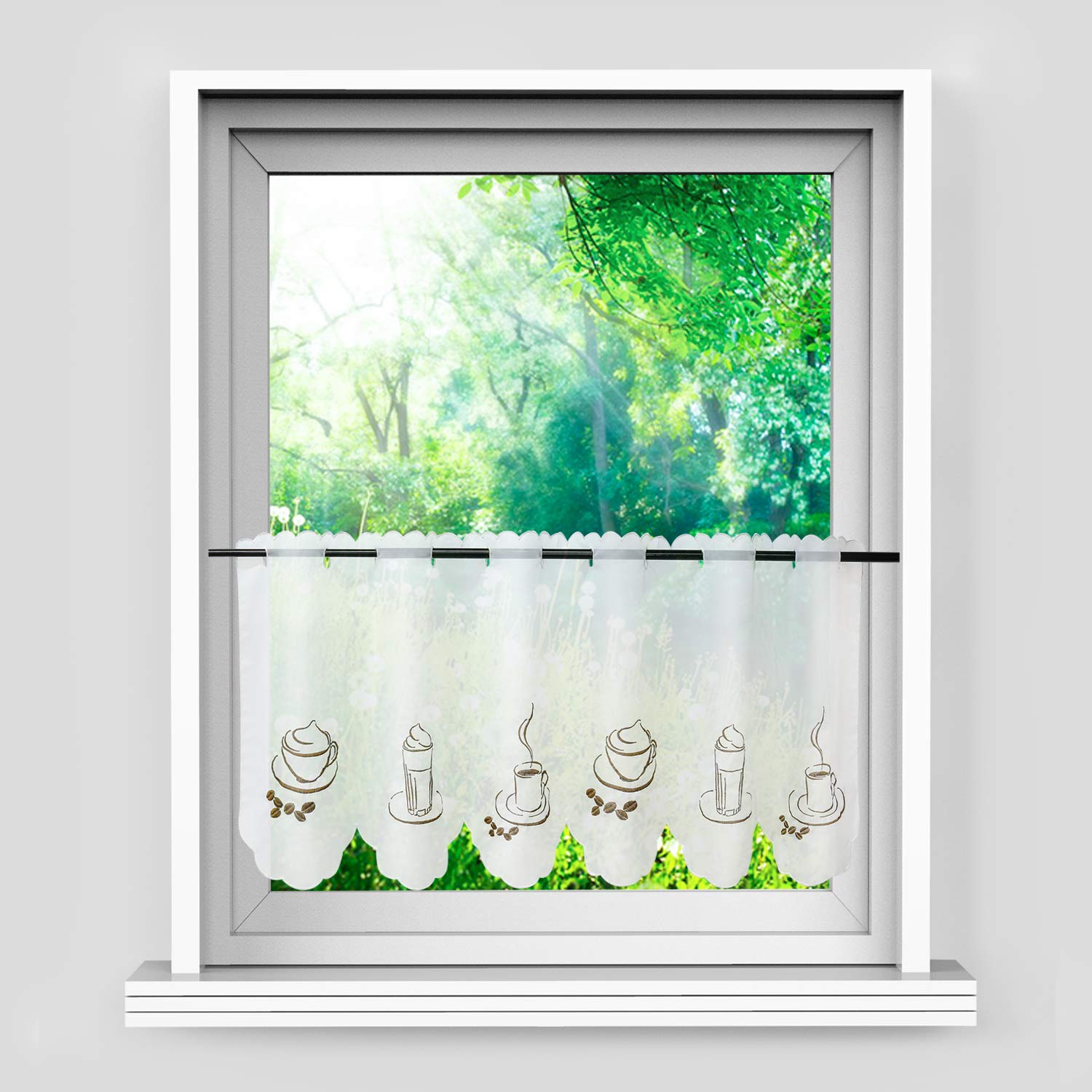 HeichkelL Besseit Voile Coffee Motif Window Curtain Kitchen Short Curtain Transparent Bistro Curtain White H x W 45 x 90 cm - Image 2