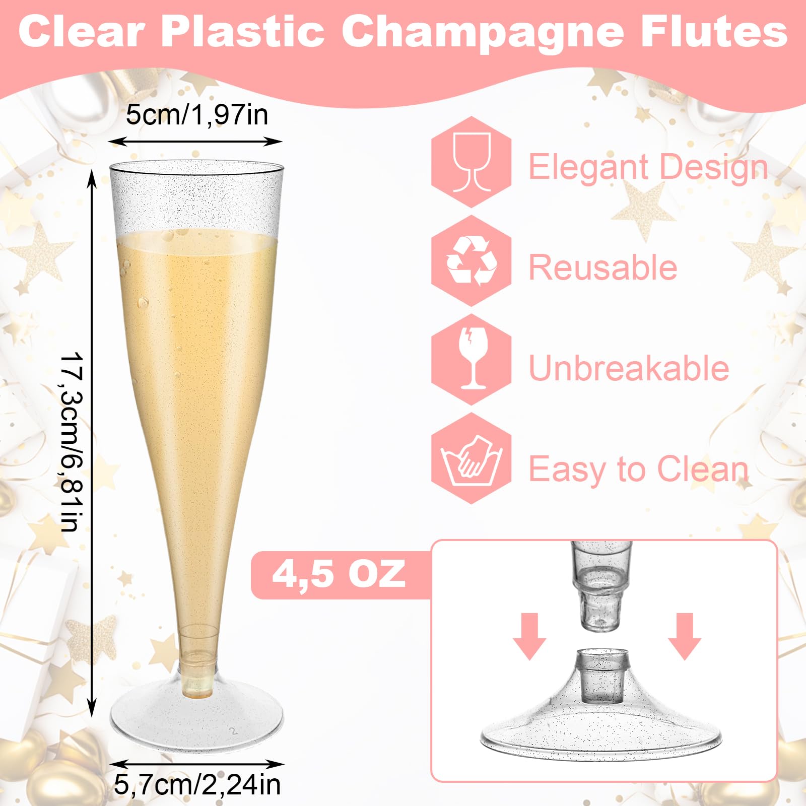 AKOLAFE 100 Piezas Copas Plástico Duro, Copas de Plástico para Champan 4,5 oz, Flautas con Purpurina Plateada y Base Desmontable para Cava, Bodas y Fiestas