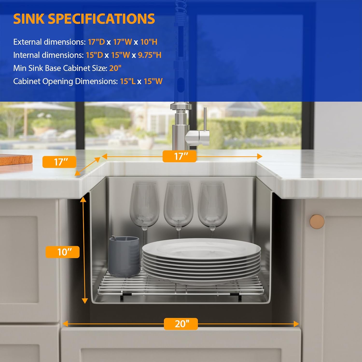 Dcolora 17 Inch Wet Bar Sink Undermount Spuare 16 Gauge Stainless Steel Small Kitchen Prep Sink Single Bowl,17’x17", DC-T7719